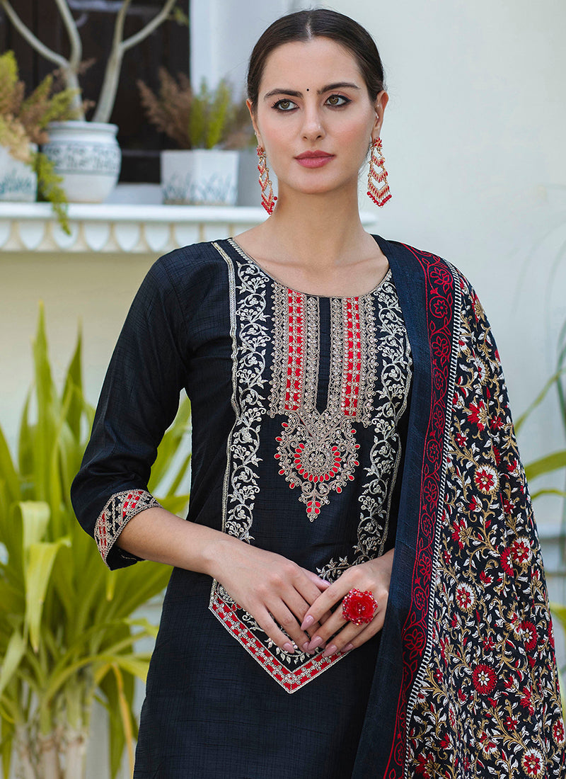 Vellora Silk Blend Black Ocassional Wear Embroidery Work Readymade Salwar Suit | Grocsy