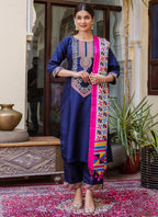 Vellora Silk Blend Royal Blue Ocassional Wear Embroidery Work Readymade Salwar Suit | Grocsy
