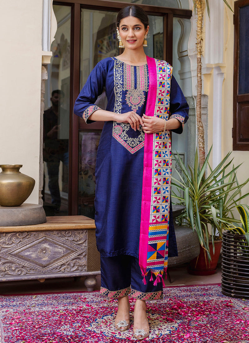 Vellora Silk Blend Royal Blue Ocassional Wear Embroidery Work Readymade Salwar Suit | Grocsy