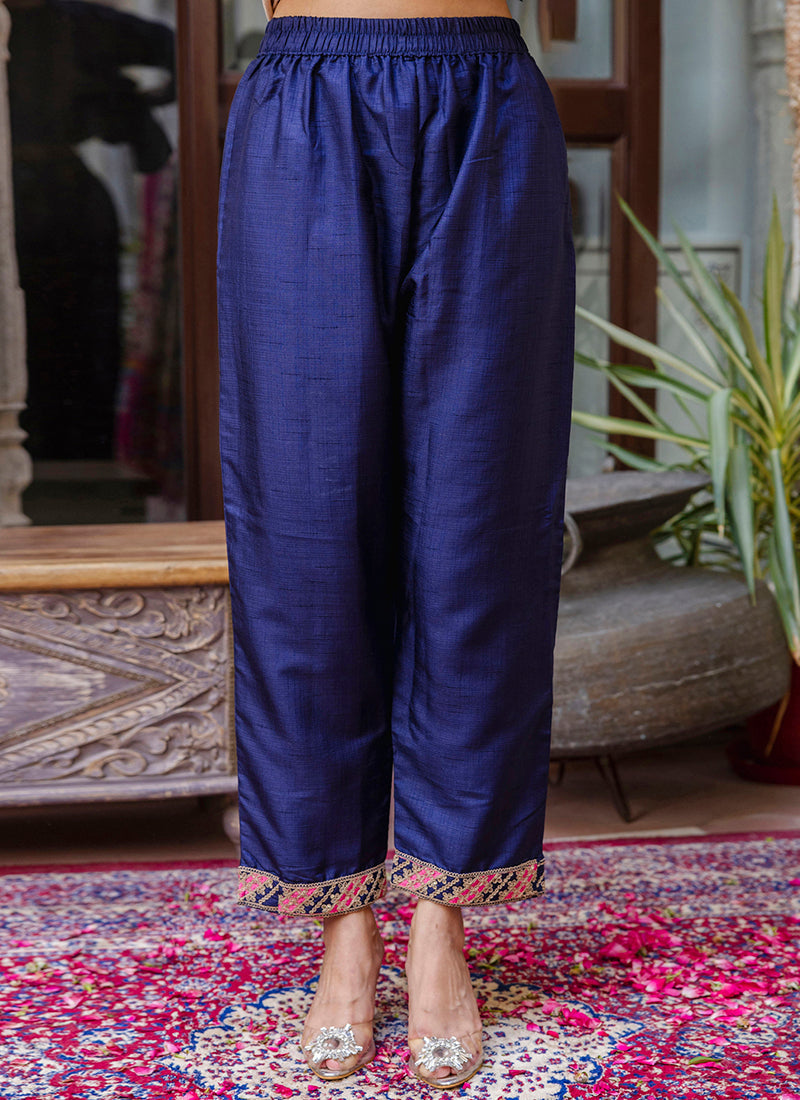 Vellora Silk Blend Royal Blue Ocassional Wear Embroidery Work Readymade Salwar Suit | Grocsy