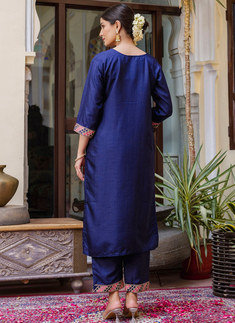 Vellora Silk Blend Royal Blue Ocassional Wear Embroidery Work Readymade Salwar Suit | Grocsy
