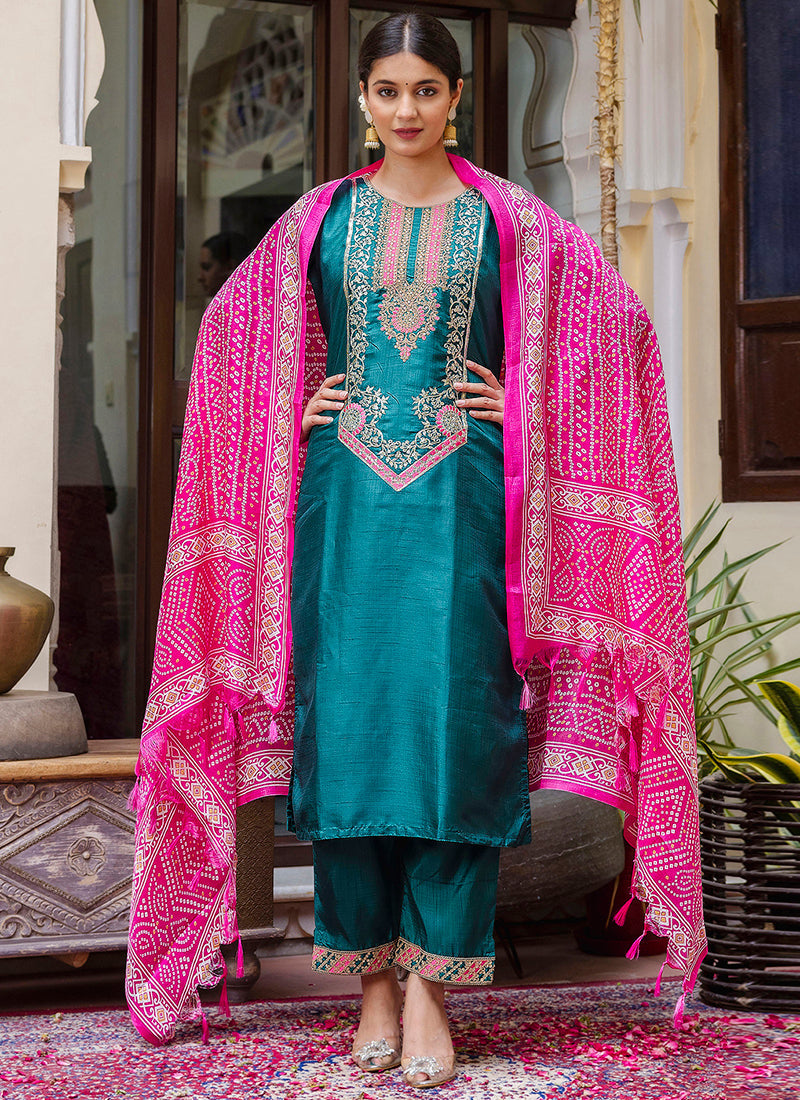 Vellora Silk Blend Rama Ocassional Wear Embroidery Work Readymade Salwar Suit | Grocsy