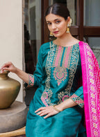 Vellora Silk Blend Rama Ocassional Wear Embroidery Work Readymade Salwar Suit | Grocsy