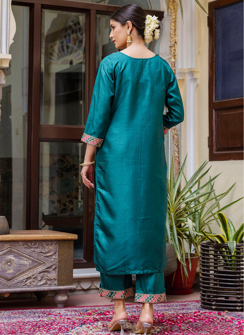 Vellora Silk Blend Rama Ocassional Wear Embroidery Work Readymade Salwar Suit | Grocsy