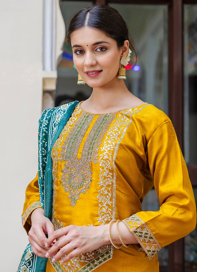 Vellora Silk Blend Mustard Ocassional Wear Embroidery Work Readymade Salwar Suit | Grocsy
