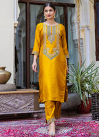 Vellora Silk Blend Mustard Ocassional Wear Embroidery Work Readymade Salwar Suit | Grocsy