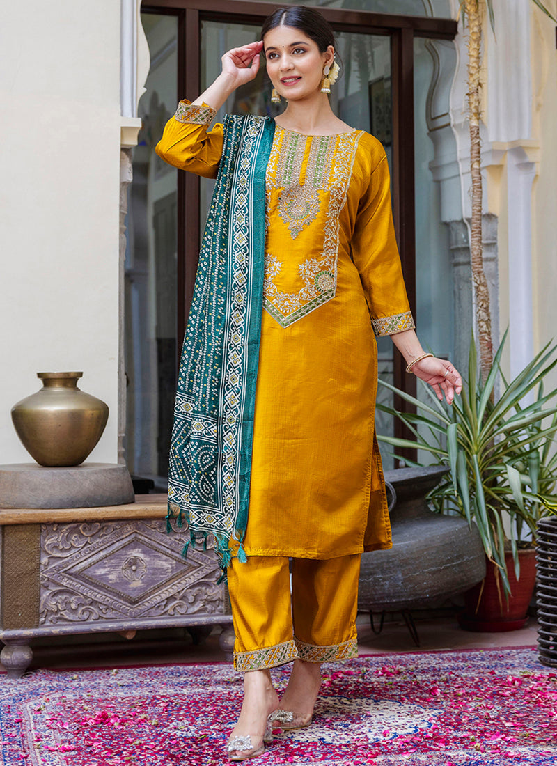 Vellora Silk Blend Mustard Ocassional Wear Embroidery Work Readymade Salwar Suit | Grocsy