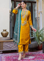 Vellora Silk Blend Mustard Ocassional Wear Embroidery Work Readymade Salwar Suit | Grocsy