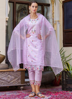 Vellora Viscose Roman Silk Light Lilac Casual Wear Embroidery Work Readymade Salwar Suit | Grocsy