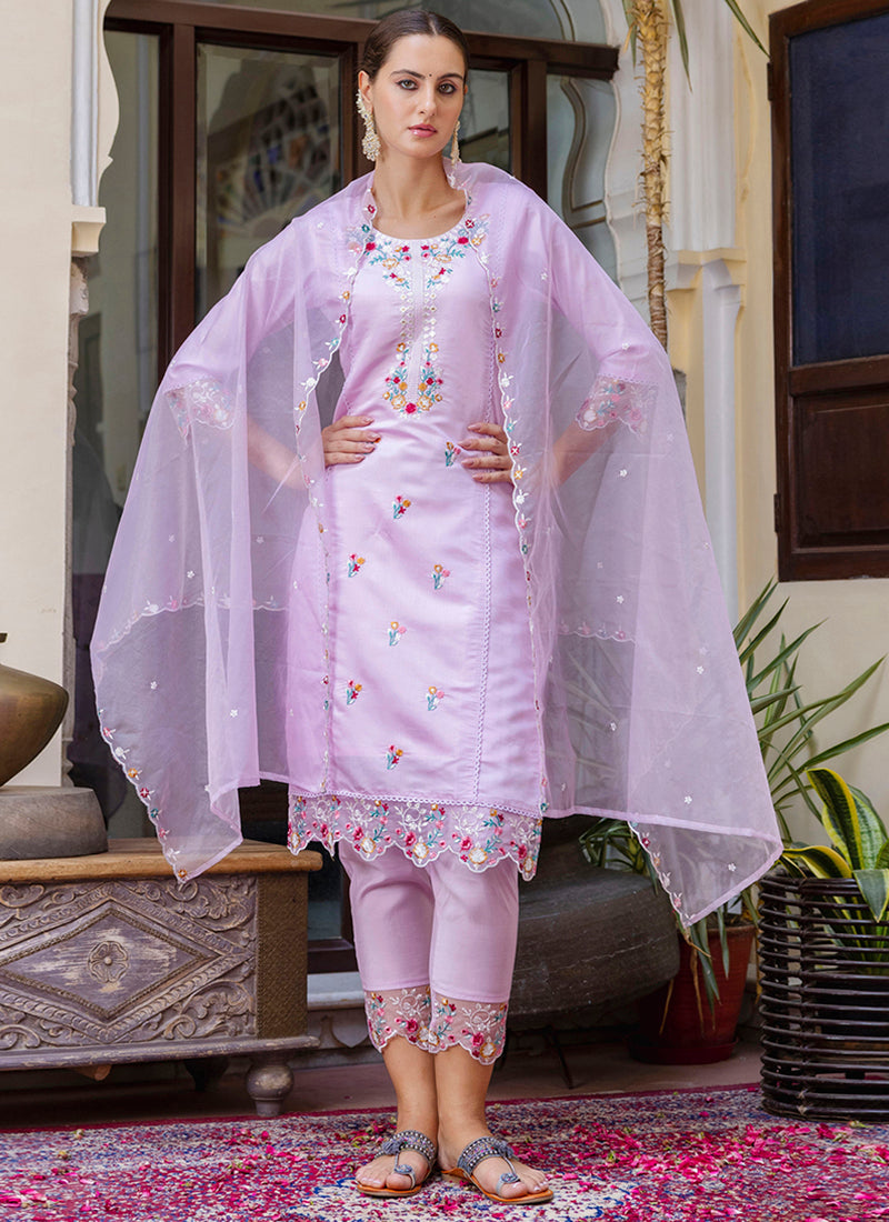 Vellora Viscose Roman Silk Light Lilac Casual Wear Embroidery Work Readymade Salwar Suit | Grocsy