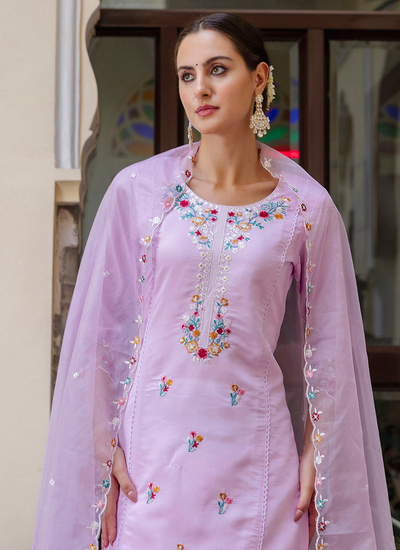 Vellora Viscose Roman Silk Light Lilac Casual Wear Embroidery Work Readymade Salwar Suit | Grocsy