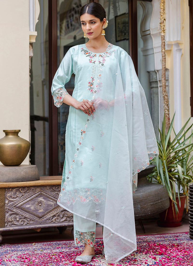 Vellora Viscose Roman Silk Sea Green Casual Wear Embroidery Work Readymade Salwar Suit | Grocsy
