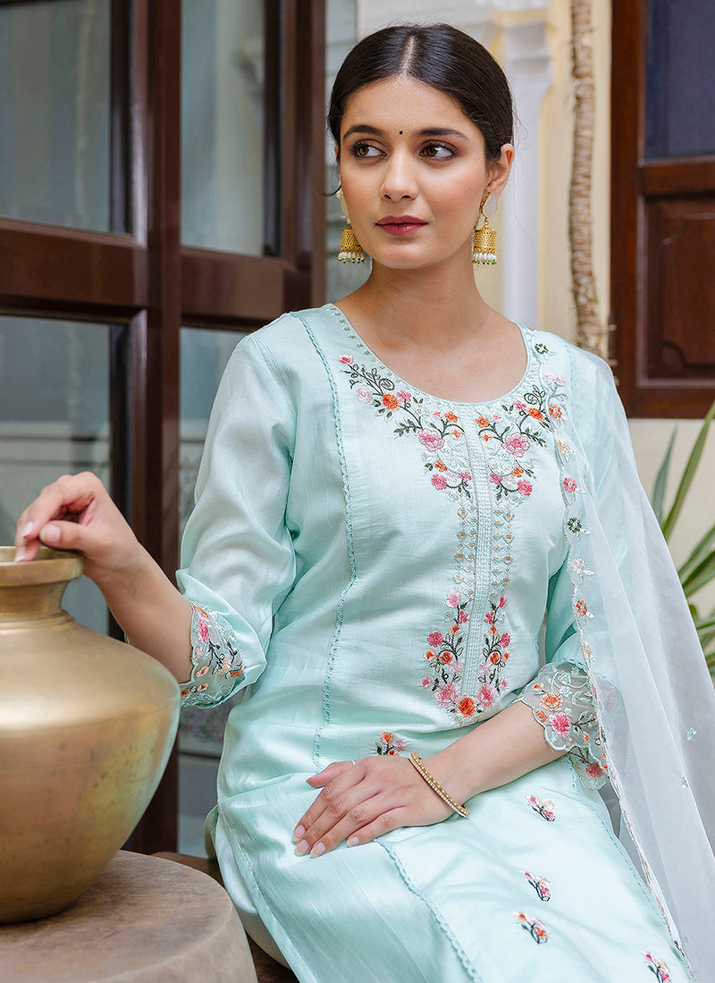 Vellora Viscose Roman Silk Sea Green Casual Wear Embroidery Work Readymade Salwar Suit | Grocsy