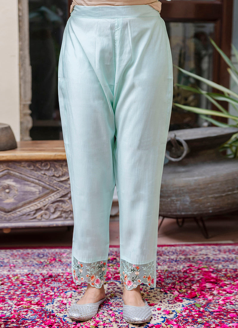 Vellora Viscose Roman Silk Sea Green Casual Wear Embroidery Work Readymade Salwar Suit | Grocsy
