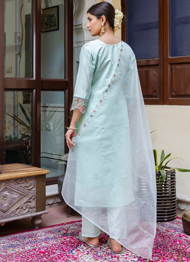 Vellora Viscose Roman Silk Sea Green Casual Wear Embroidery Work Readymade Salwar Suit | Grocsy