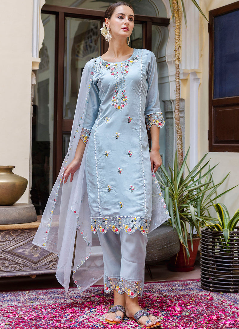 Vellora Viscose Roman Silk Powder Blue Casual Wear Embroidery Work Readymade Salwar Suit | Grocsy