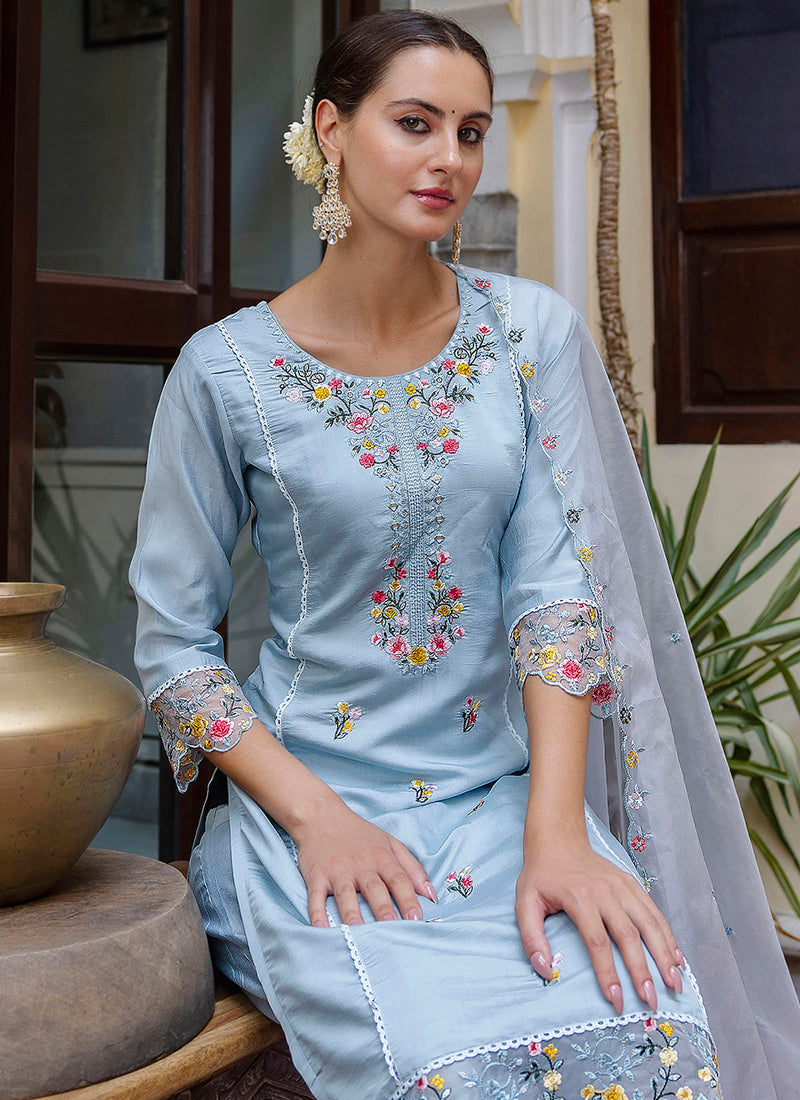 Vellora Viscose Roman Silk Powder Blue Casual Wear Embroidery Work Readymade Salwar Suit | Grocsy