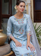 Vellora Viscose Roman Silk Powder Blue Casual Wear Embroidery Work Readymade Salwar Suit | Grocsy