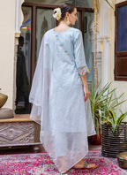 Vellora Viscose Roman Silk Powder Blue Casual Wear Embroidery Work Readymade Salwar Suit | Grocsy