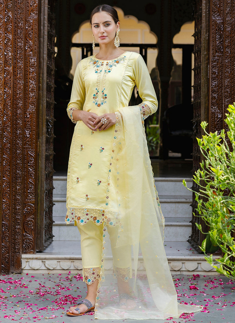 Vellora Viscose Roman Silk Yellow Casual Wear Embroidery Work Readymade Salwar Suit | Grocsy