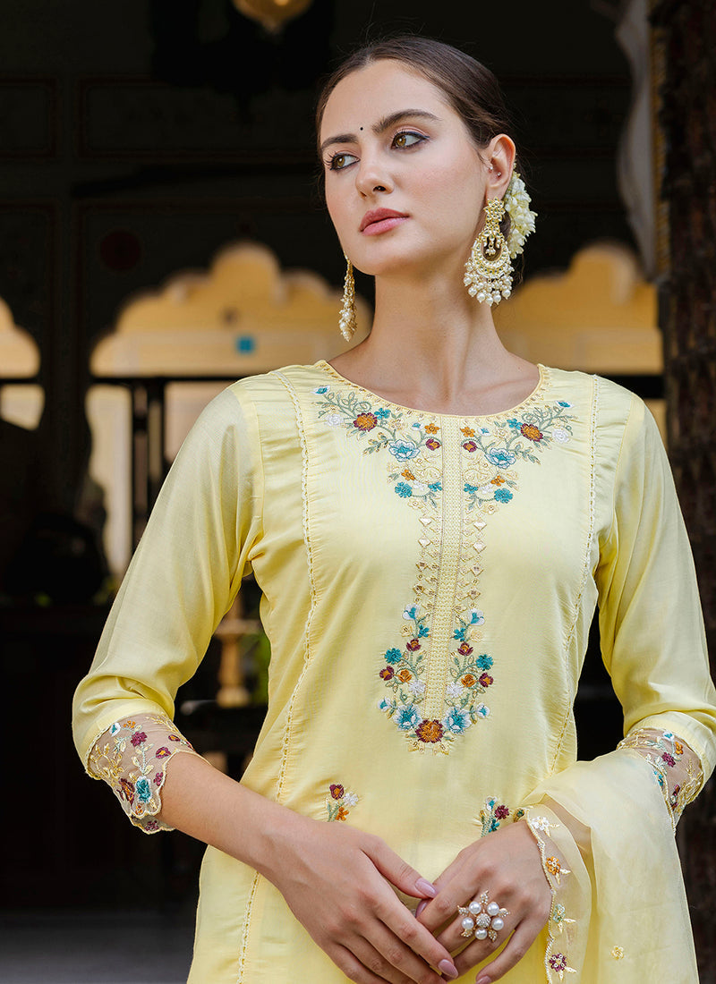 Vellora Viscose Roman Silk Yellow Casual Wear Embroidery Work Readymade Salwar Suit | Grocsy