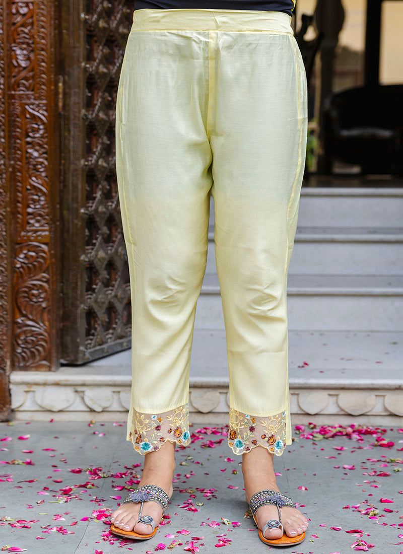 Vellora Viscose Roman Silk Yellow Casual Wear Embroidery Work Readymade Salwar Suit | Grocsy