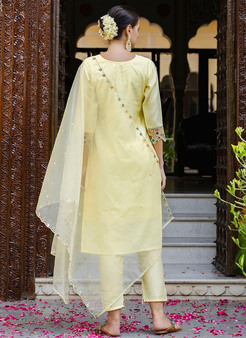 Vellora Viscose Roman Silk Yellow Casual Wear Embroidery Work Readymade Salwar Suit | Grocsy