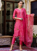 Vellora Viscose Roman Silk Pink Casual Wear Embroidery Work Readymade Salwar Suit | Grocsy