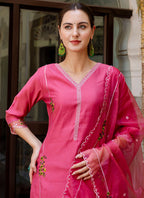 Vellora Viscose Roman Silk Pink Casual Wear Embroidery Work Readymade Salwar Suit | Grocsy