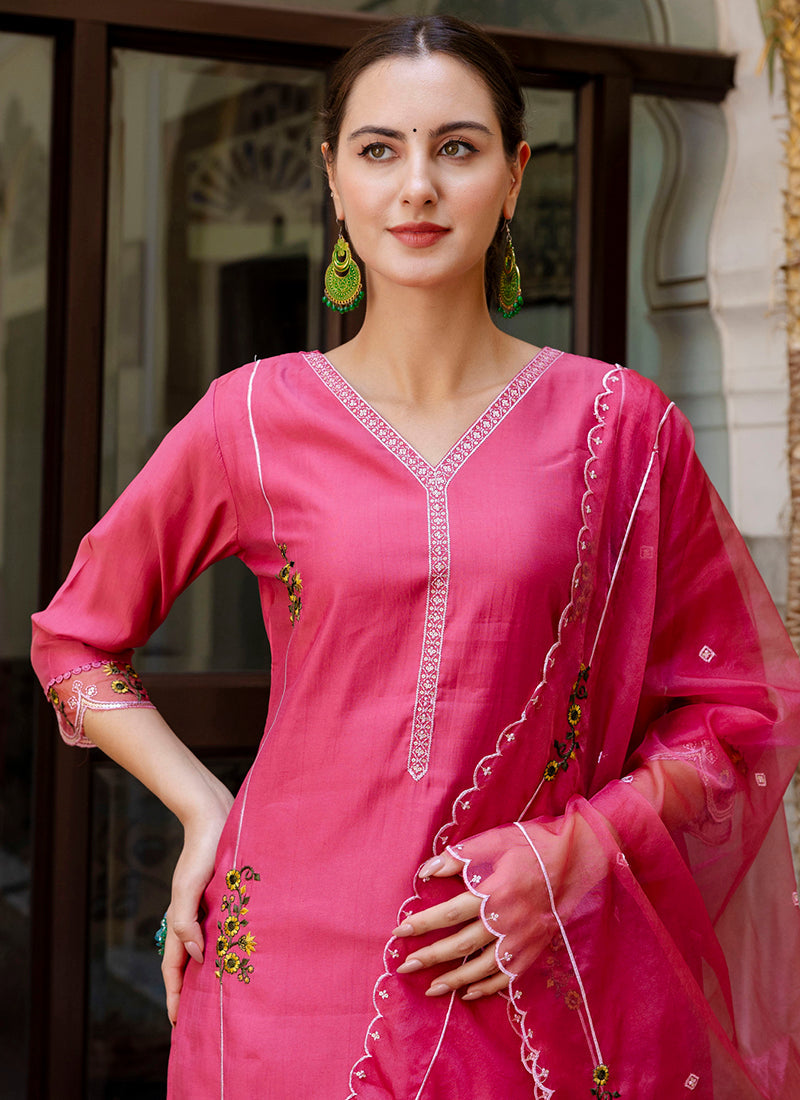 Vellora Viscose Roman Silk Pink Casual Wear Embroidery Work Readymade Salwar Suit | Grocsy