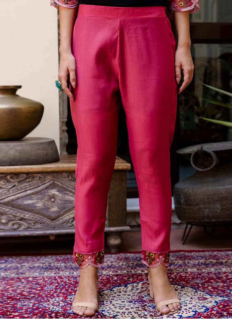 Vellora Viscose Roman Silk Pink Casual Wear Embroidery Work Readymade Salwar Suit | Grocsy