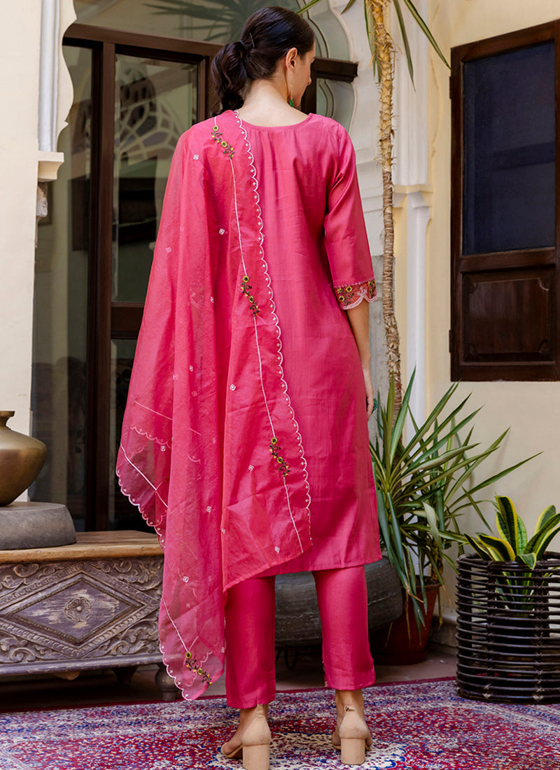 Vellora Viscose Roman Silk Pink Casual Wear Embroidery Work Readymade Salwar Suit | Grocsy