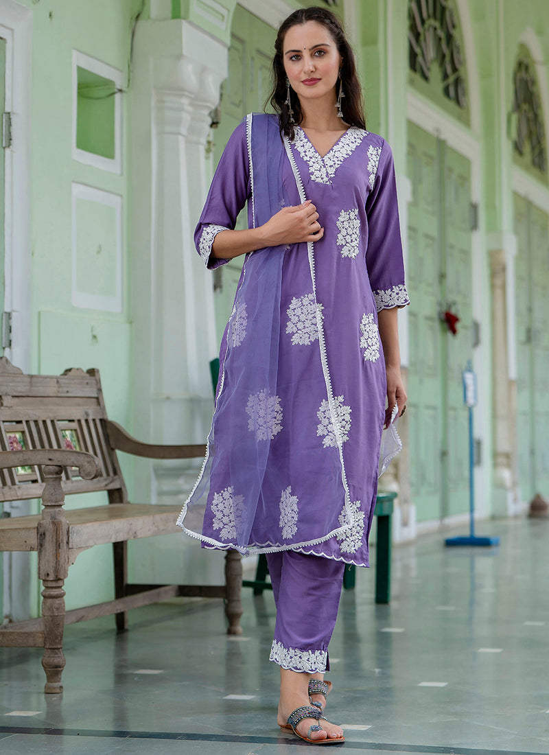 Vellora Silk Blend Lavender Casual Wear Embroidery Work Readymade Salwar Suit | Grocsy