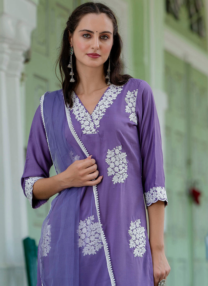 Vellora Silk Blend Lavender Casual Wear Embroidery Work Readymade Salwar Suit | Grocsy