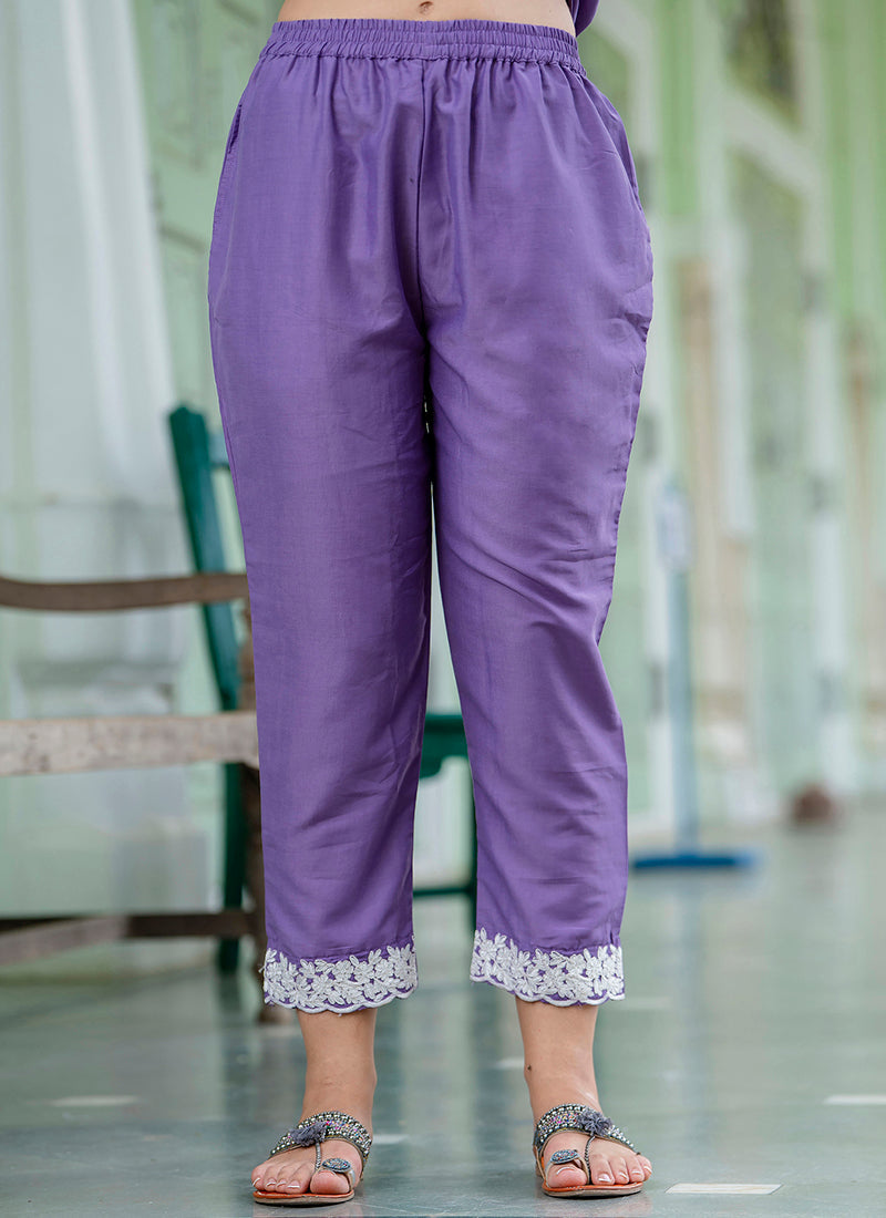 Vellora Silk Blend Lavender Casual Wear Embroidery Work Readymade Salwar Suit | Grocsy