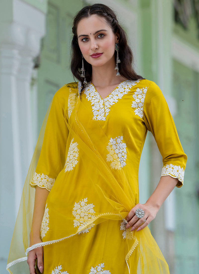 Vellora Silk Blend Mustard Yellow Casual Wear Embroidery Work Readymade Salwar Suit | Grocsy