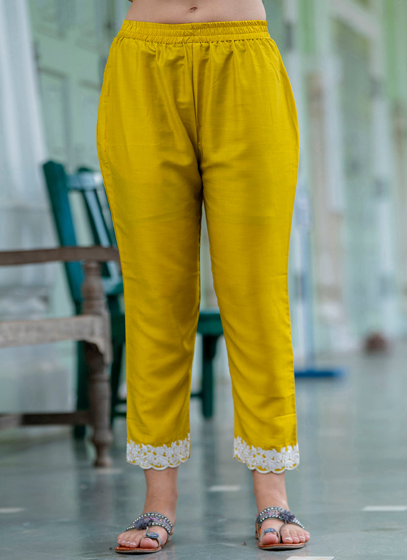 Vellora Silk Blend Mustard Yellow Casual Wear Embroidery Work Readymade Salwar Suit | Grocsy