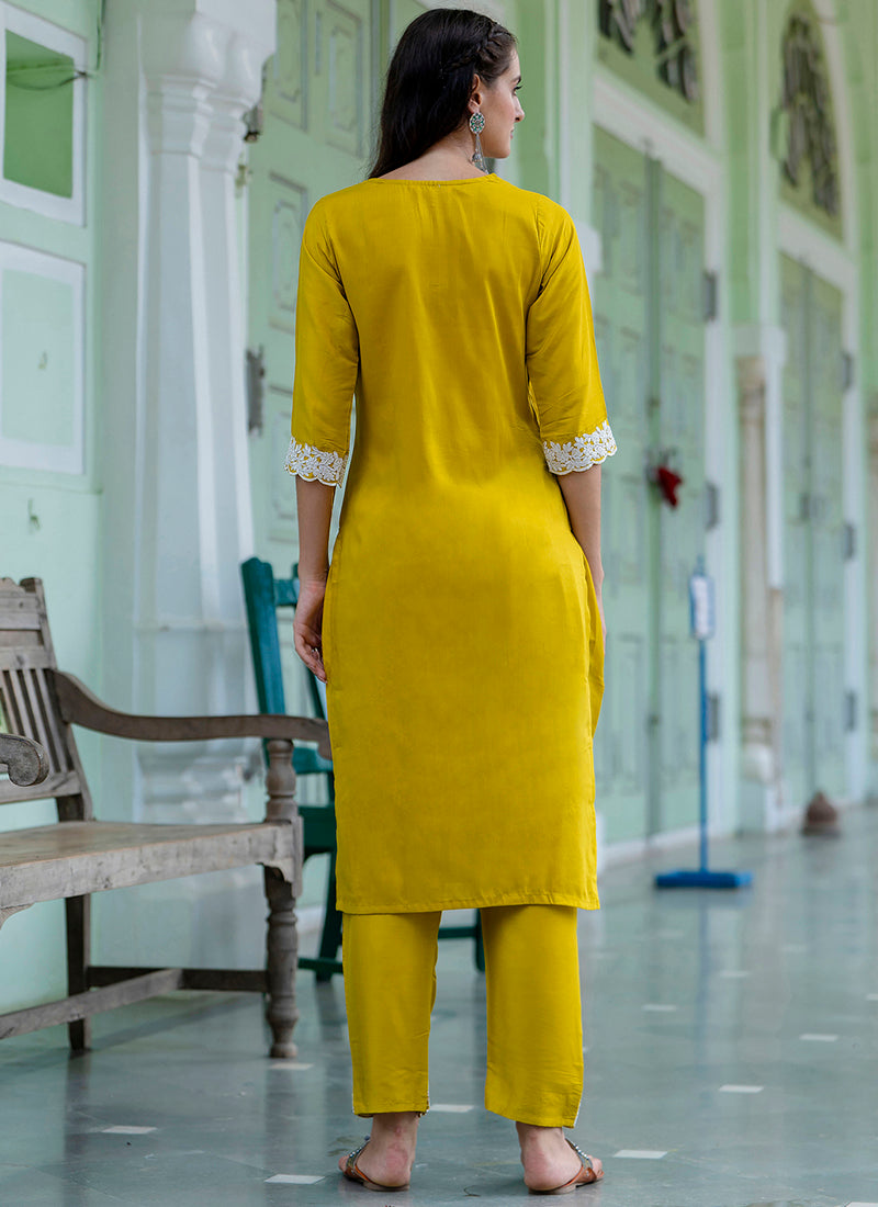 Vellora Silk Blend Mustard Yellow Casual Wear Embroidery Work Readymade Salwar Suit | Grocsy