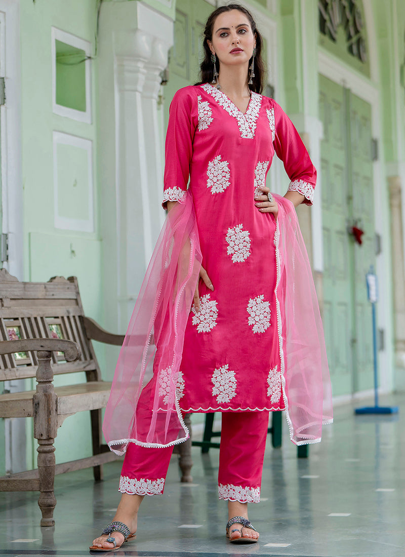 Vellora Silk Blend Hot Pink Casual Wear Embroidery Work Readymade Salwar Suit | Grocsy