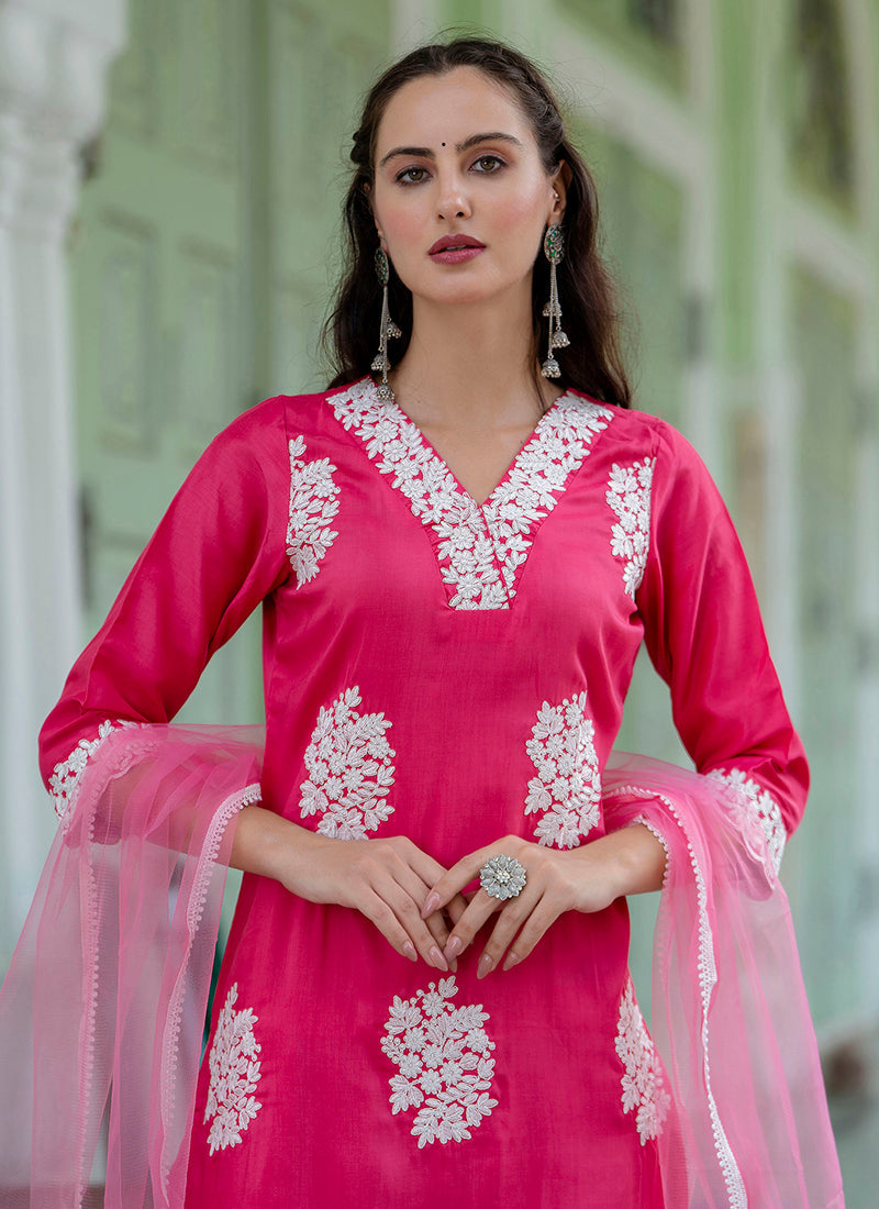 Vellora Silk Blend Hot Pink Casual Wear Embroidery Work Readymade Salwar Suit | Grocsy