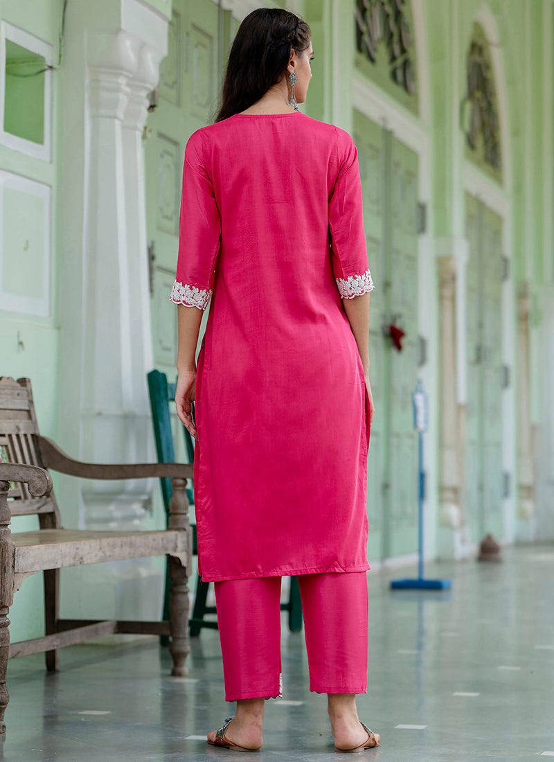 Vellora Silk Blend Hot Pink Casual Wear Embroidery Work Readymade Salwar Suit | Grocsy