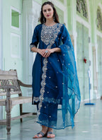 Vellora Silk Blend Teal Blue Casual Wear Embroidery Work Readymade Salwar Suit | Grocsy