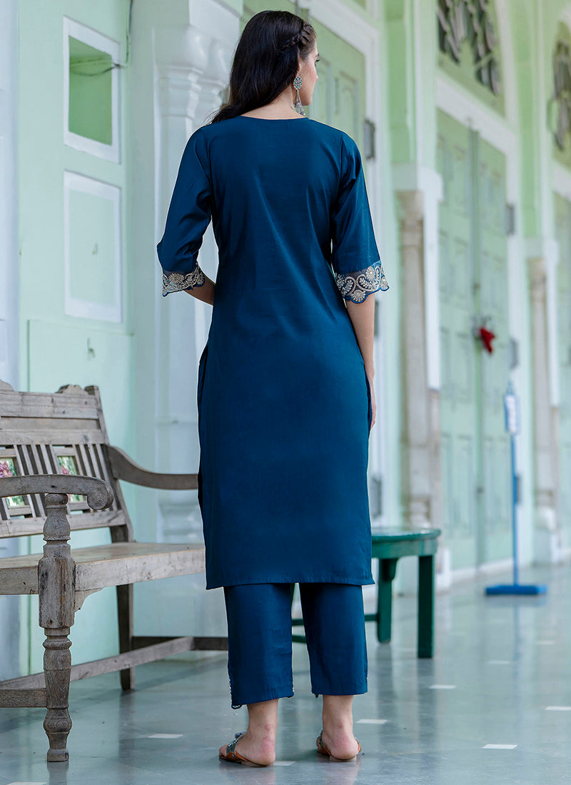 Vellora Silk Blend Teal Blue Casual Wear Embroidery Work Readymade Salwar Suit | Grocsy