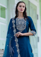 Vellora Silk Blend Teal Blue Casual Wear Embroidery Work Readymade Salwar Suit | Grocsy
