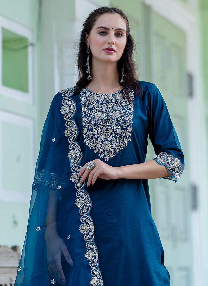 Vellora Silk Blend Teal Blue Casual Wear Embroidery Work Readymade Salwar Suit | Grocsy