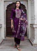 Vellora Viscose Roman Silk Deep Purple Ocassional Wear Embroidery Work Readymade Salwar Suit | Grocsy
