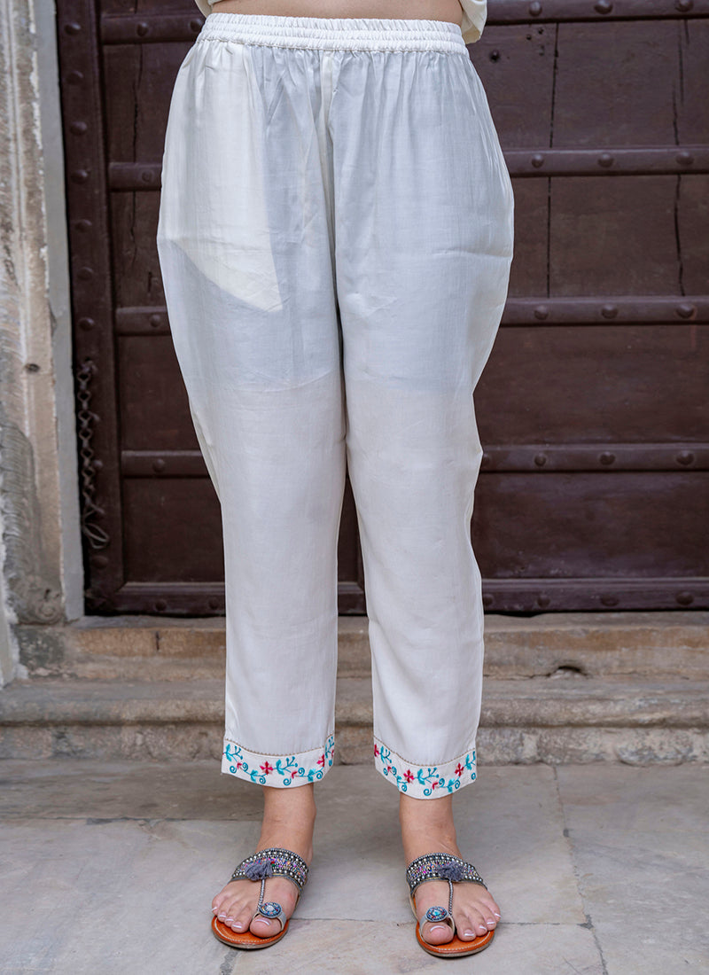 Vellora Viscose Roman Silk White Ocassional Wear Embroidery Work Readymade Salwar Suit | Grocsy