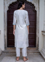 Vellora Viscose Roman Silk White Ocassional Wear Embroidery Work Readymade Salwar Suit | Grocsy