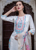 Vellora Viscose Roman Silk White Ocassional Wear Embroidery Work Readymade Salwar Suit | Grocsy