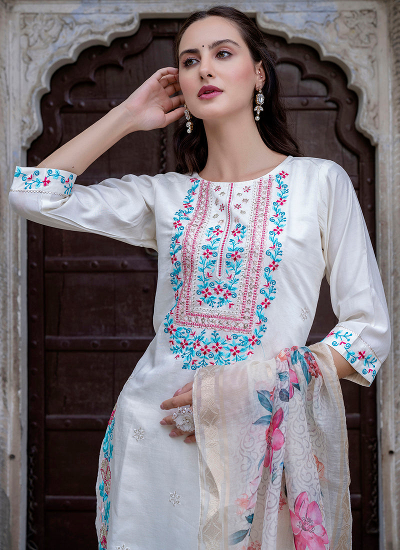 Vellora Viscose Roman Silk White Ocassional Wear Embroidery Work Readymade Salwar Suit | Grocsy